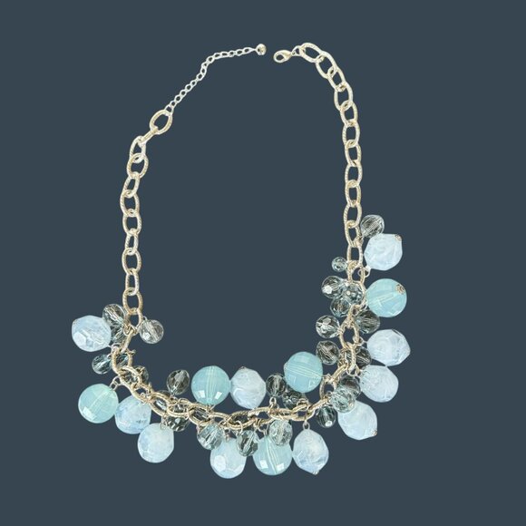 Icy Blue Bauble Statement Necklace Chunky Silver Chain Faceted Beads Y2K Glam - Picture 3 of 13